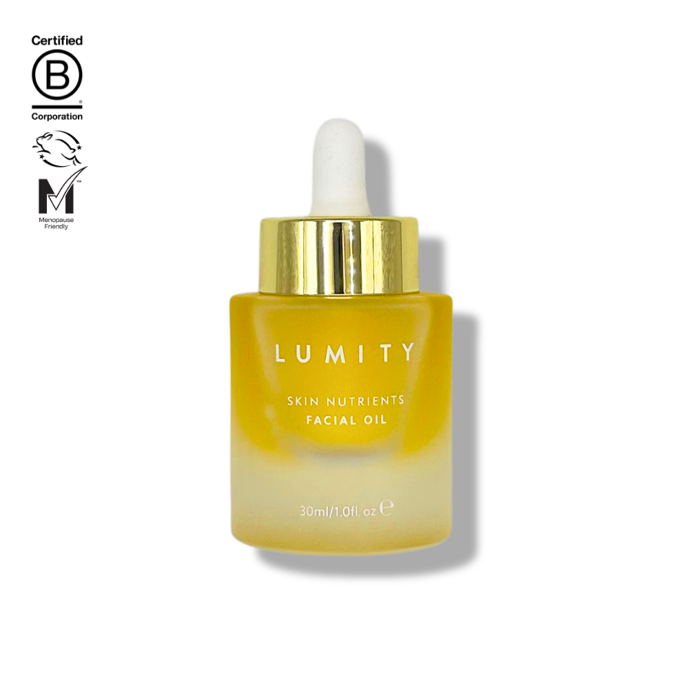 Lumity Skin Nutrients Facial Oil bottle with The B Corp, Leaping Bunny and Menopause Friendly logo