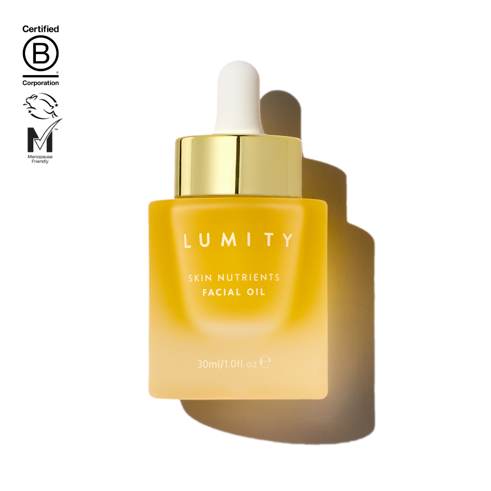 Lumity Skin Nutrients Facial Oil bottle with The B Corp, Leaping Bunny and Menopause Friendly logo
