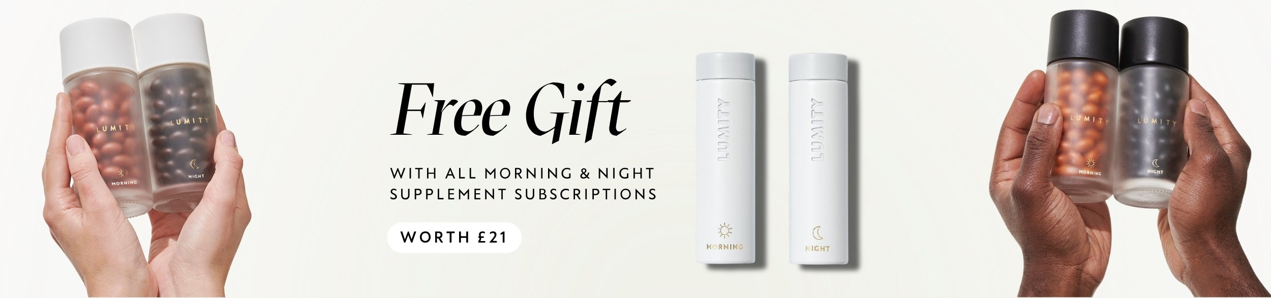 Hands holding white and black cylindrical containers on each side with promotional text in the center on a light background