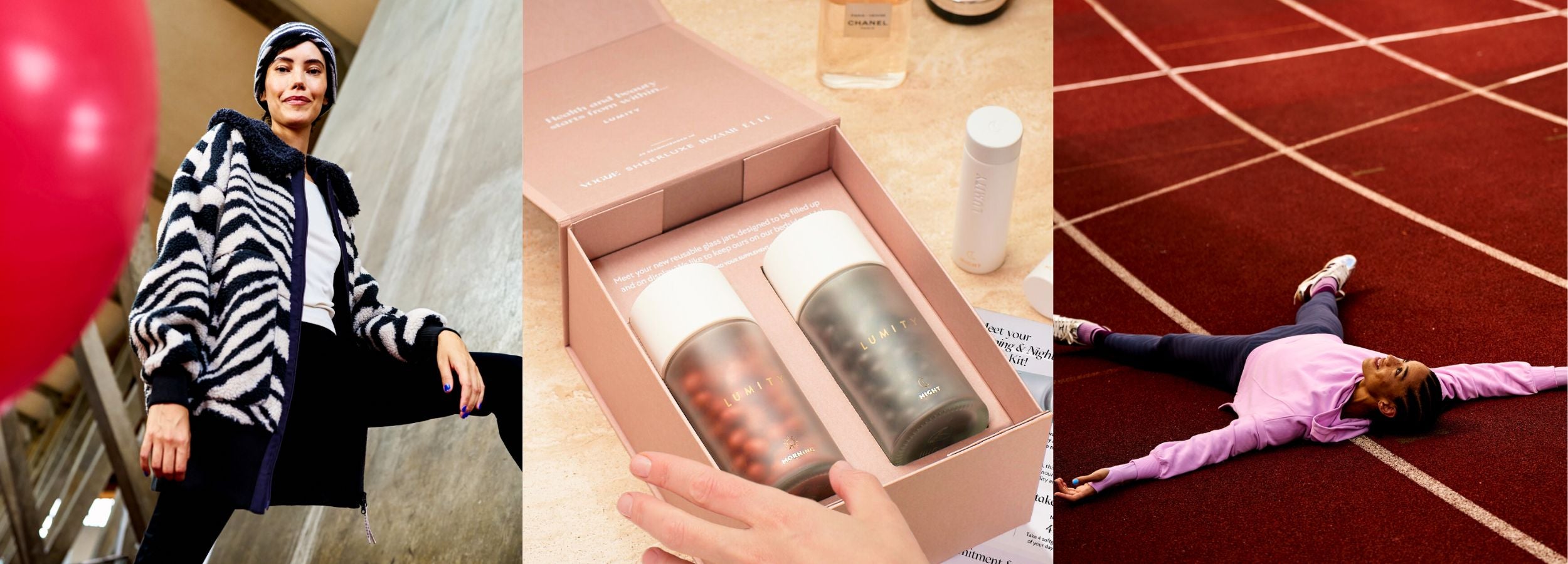 Women in BAM clothing alongside Lumity Morning & Night supplement starter kit