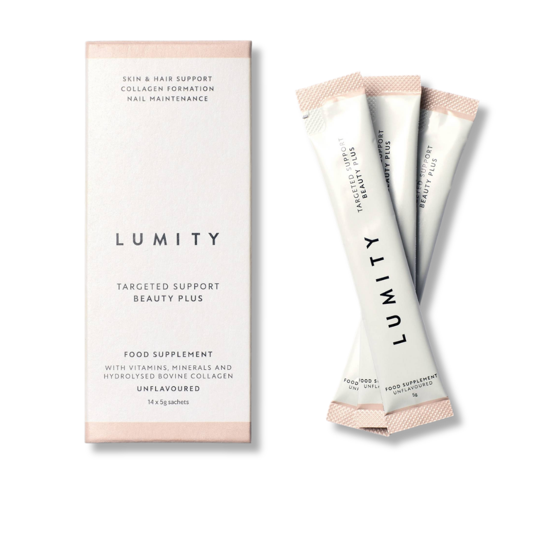 Lumity targeted support beauty plus supplement packaging with three sachets