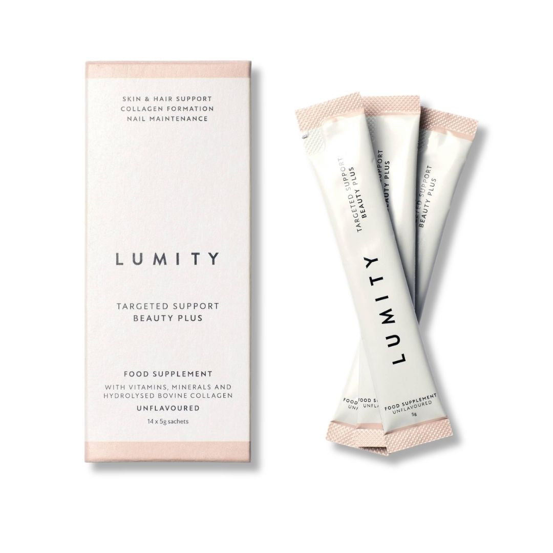 Lumity targeted support beauty plus sachets beside box