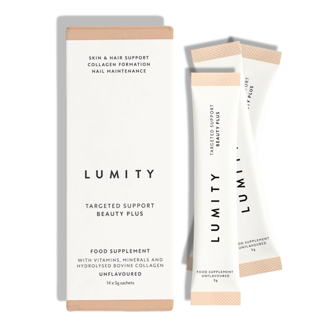 Lumity targeted support beauty plus food supplement packets on a white background