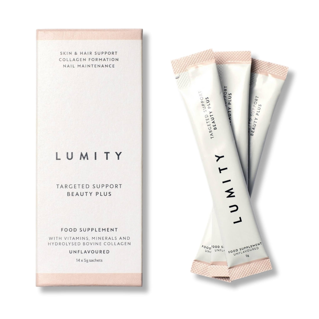 Lumity targeted support beauty plus food supplement packets on a white background