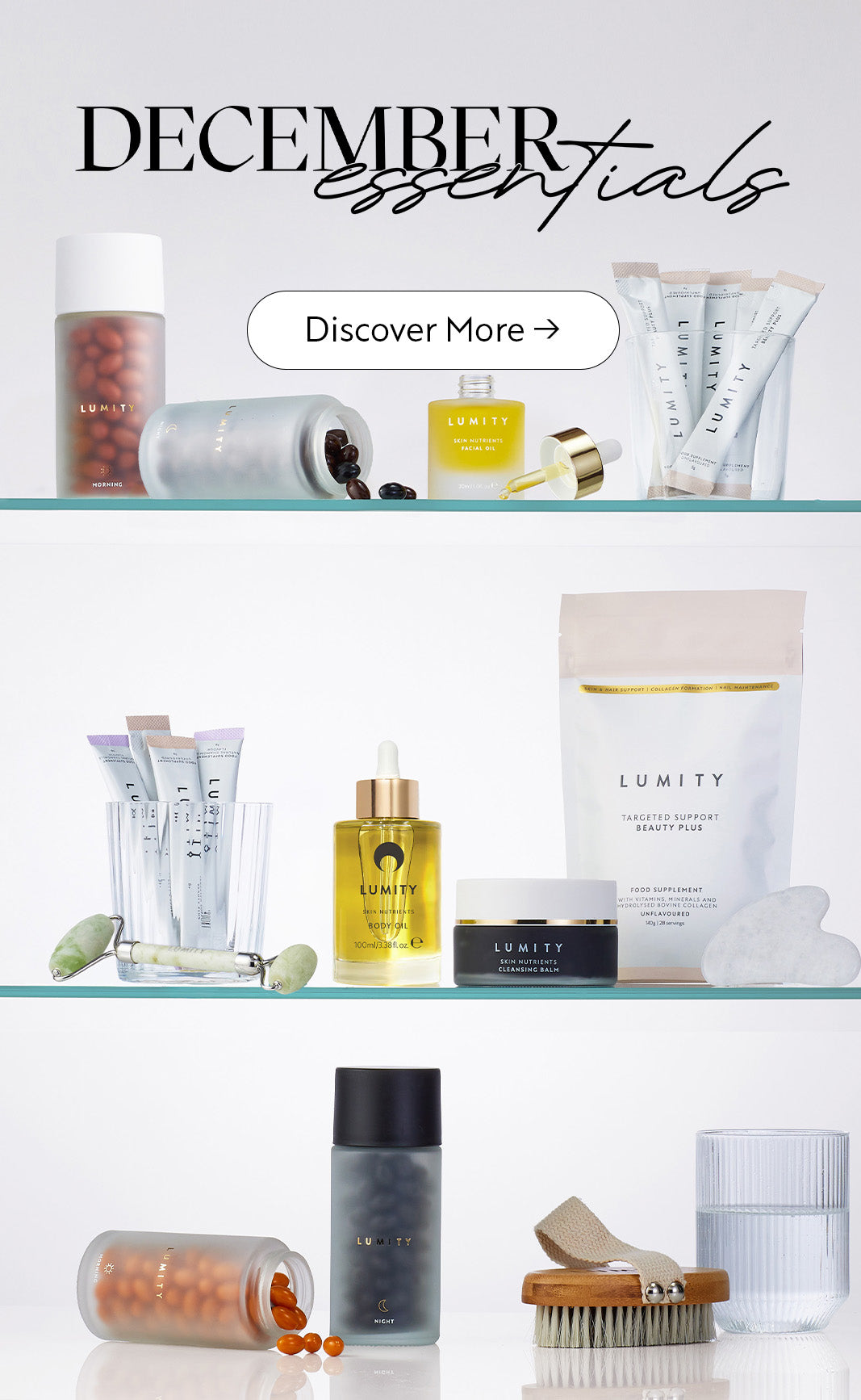 Shelf with various Lumity skincare and beauty products with 'December essentials' text.