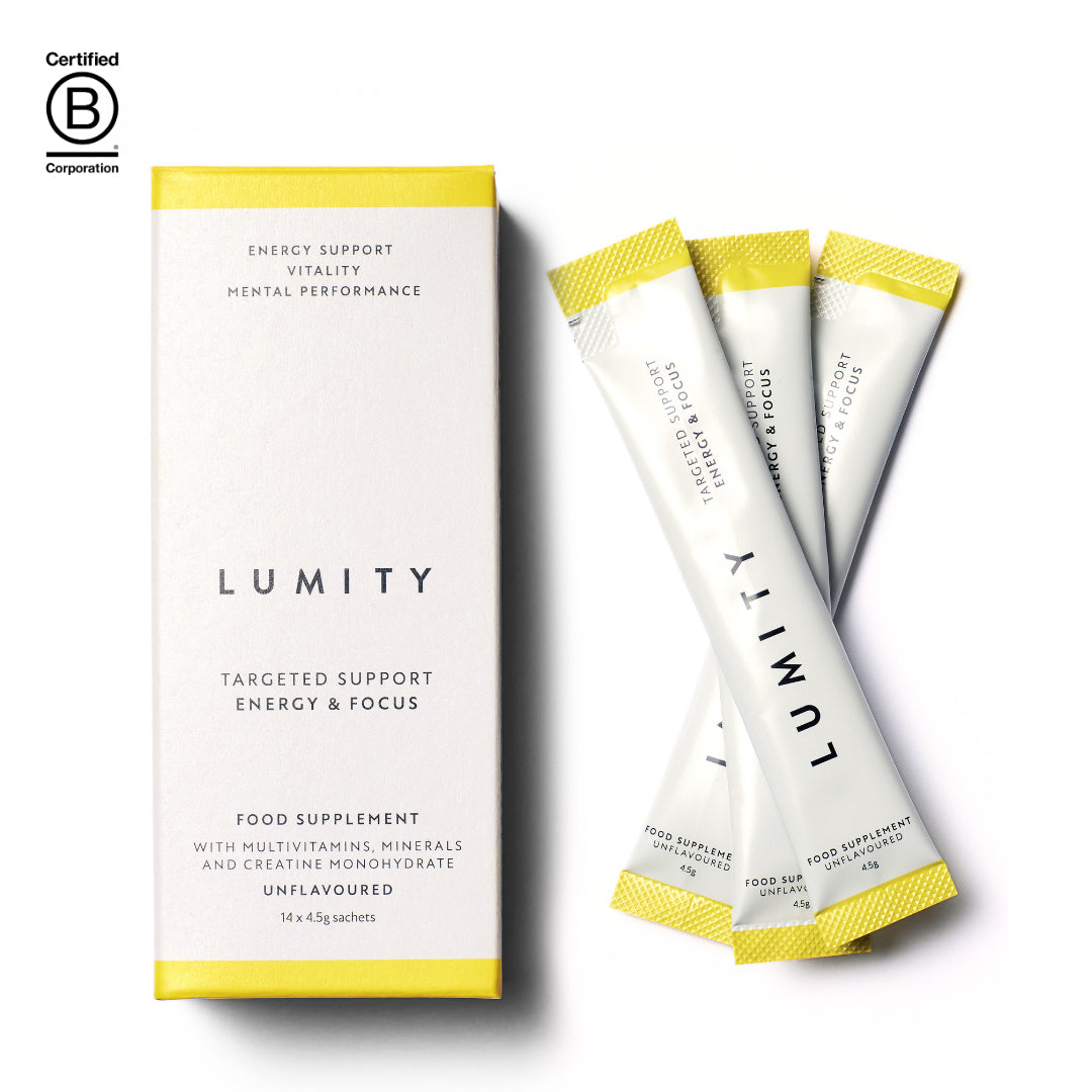 Lumity Targeted SupportEnergy & Focus sachets next to their box