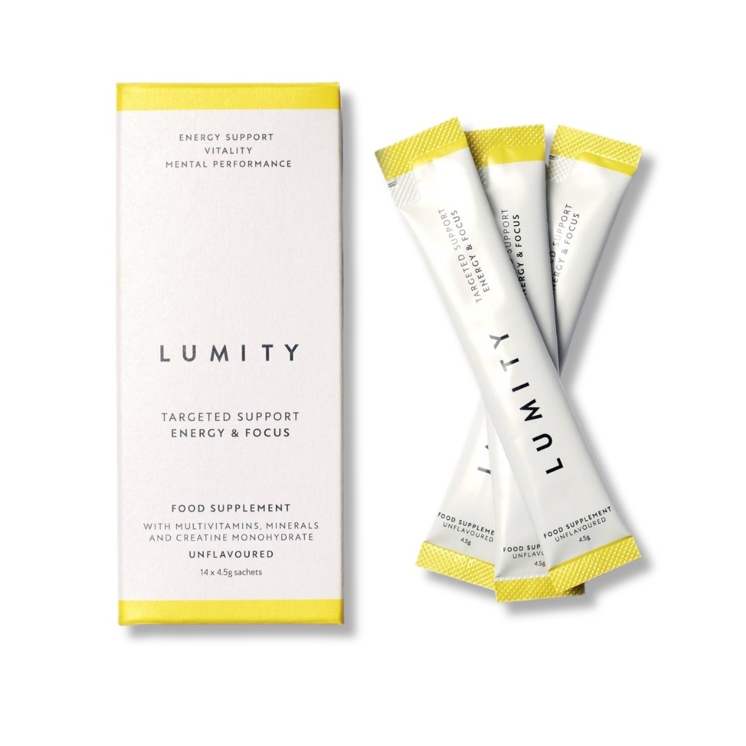 Lumity Targeted SupportEnergy & Focus sachets next to their box
