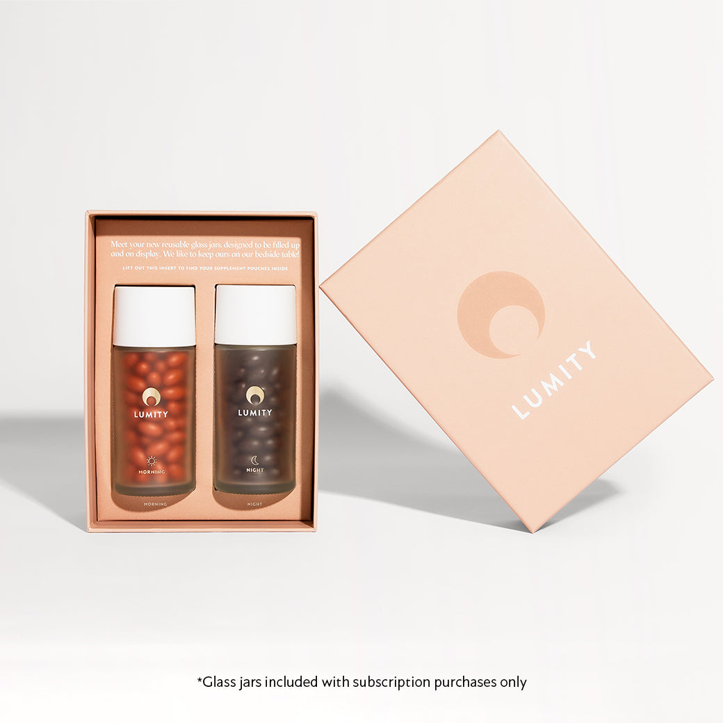 Lumity morning and night supplements in glass jars in starter kit box