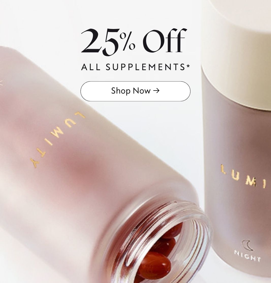 Supplements with a glass bottle labelled 'Lumity' and promotional text for 25% off supplements on a white background.