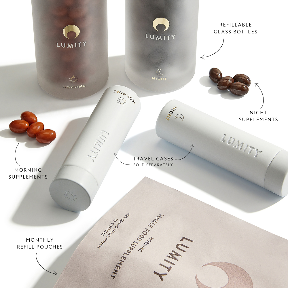Lumity female supplement in refillable glass bottles, loose softgels and travel cases, alongside morning refill pouch.