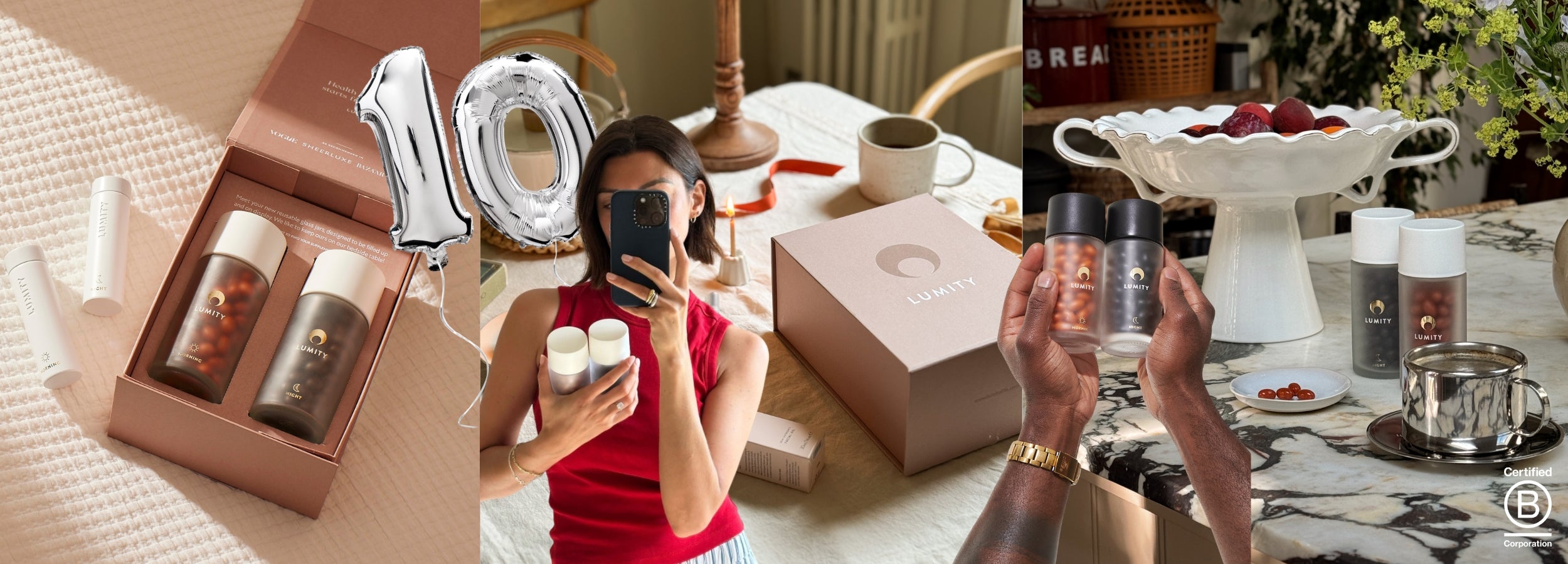 Lumity supplements displayed on table and marble surface with silver number '10' balloons