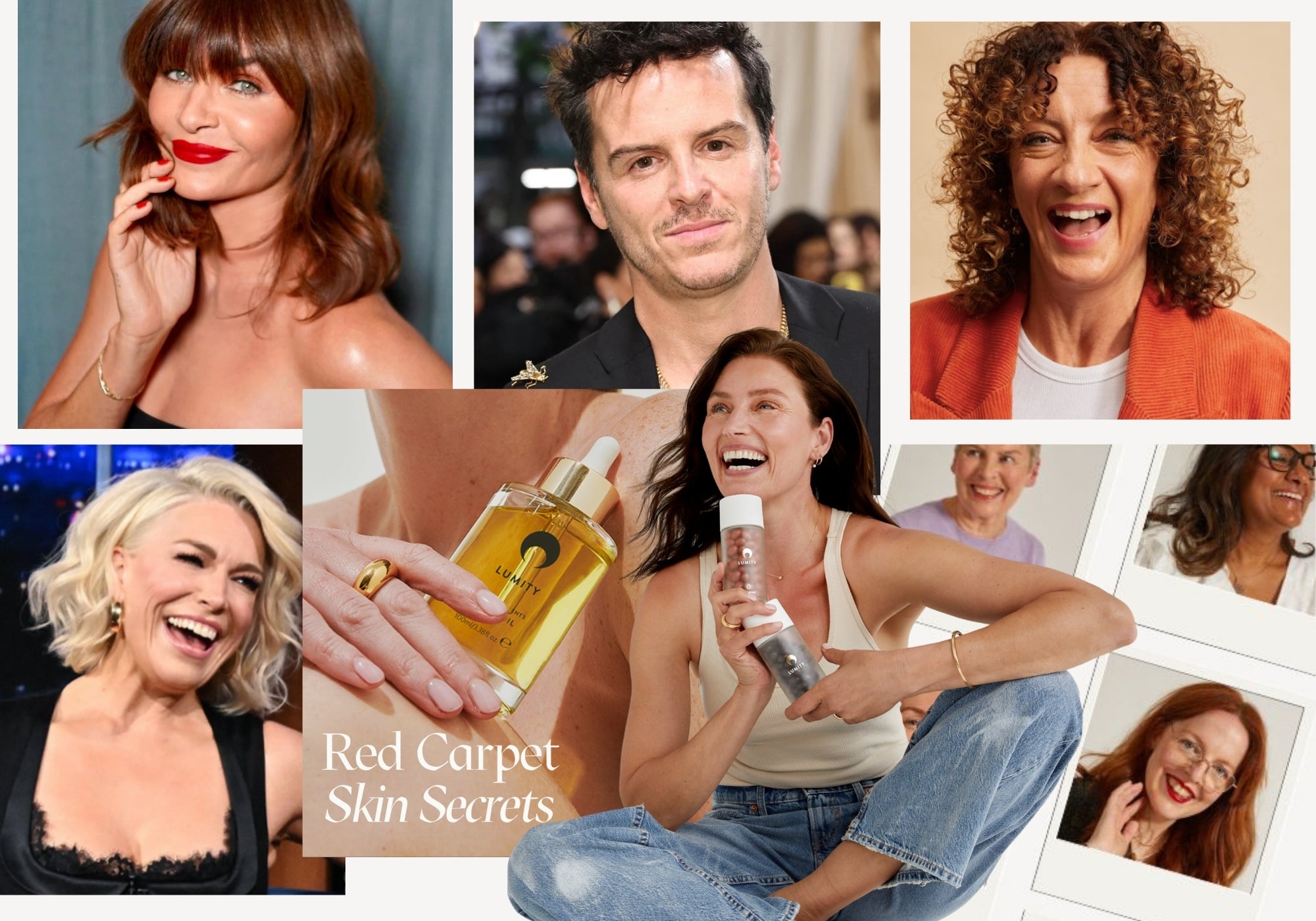 image collage of helena christensen, lumity customers, hannah waddingham, andrew scott and a lumity customer applying her cleanser