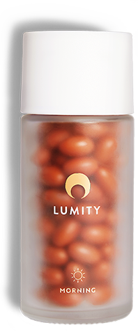 Lumity morning supplements in a glass jar 