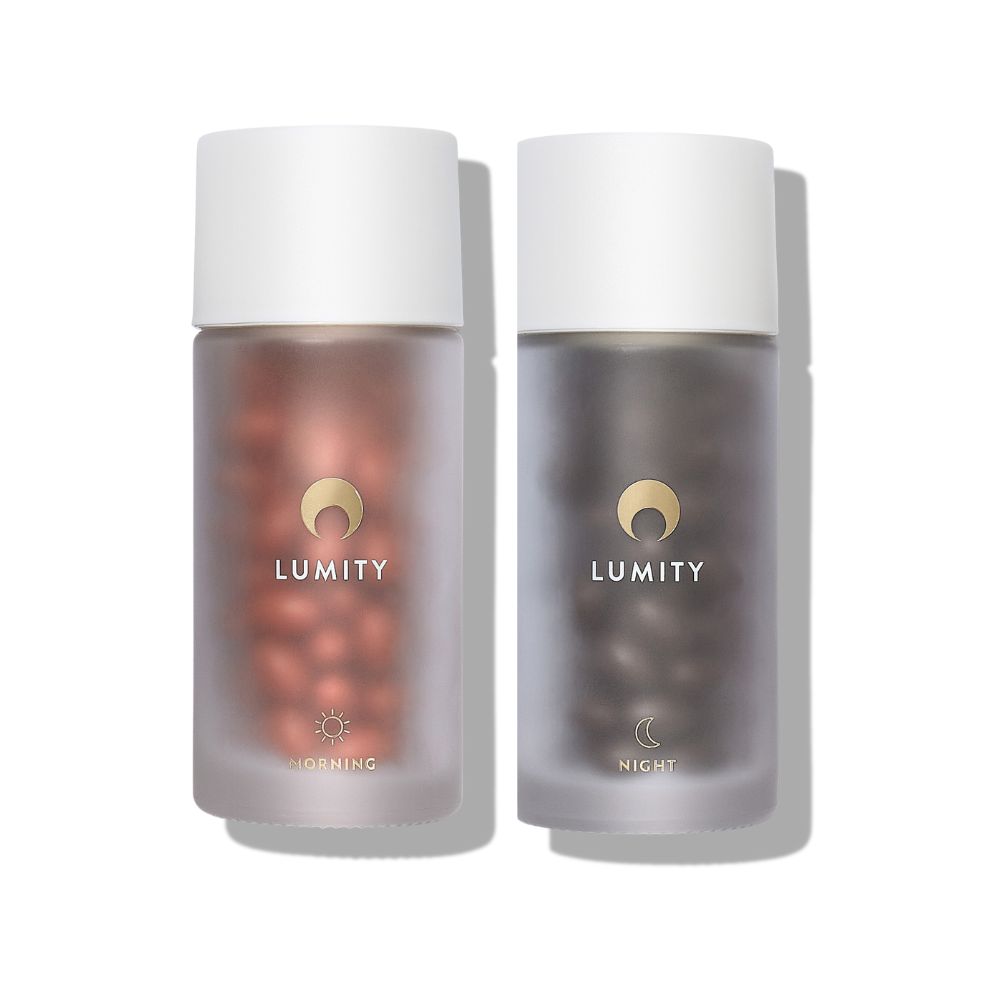 Two bottles of Lumity supplements, one labeled 'Morning' and the other 'Night', on a white background.