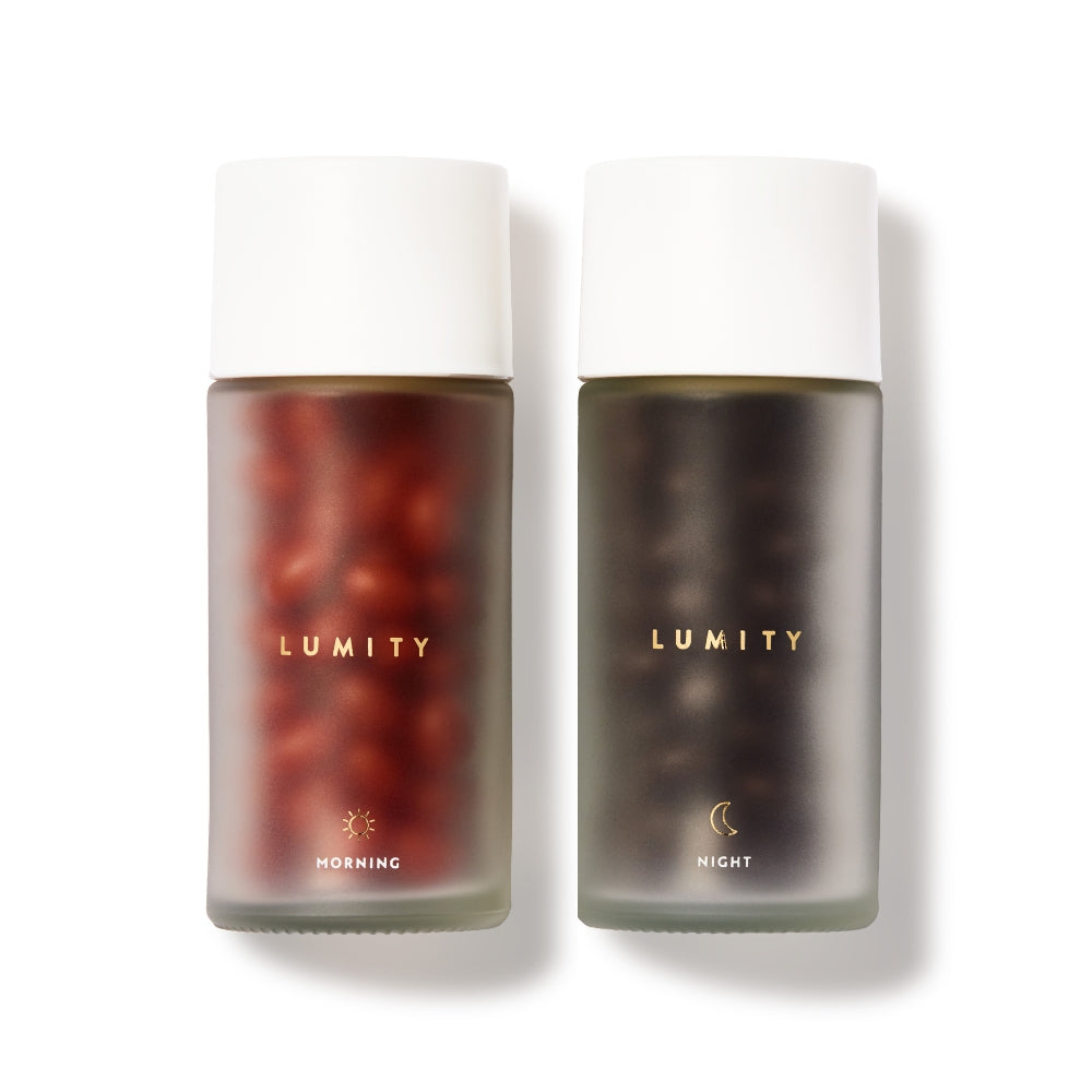 Two bottles of Lumity supplements, one labeled 'Morning' and the other 'Night', on a white background.