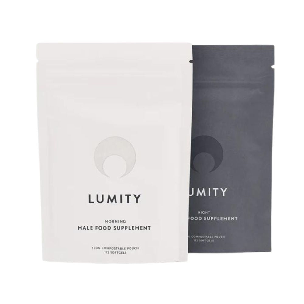 Two Lumity supplement packages, one white and one black, on a white background.
