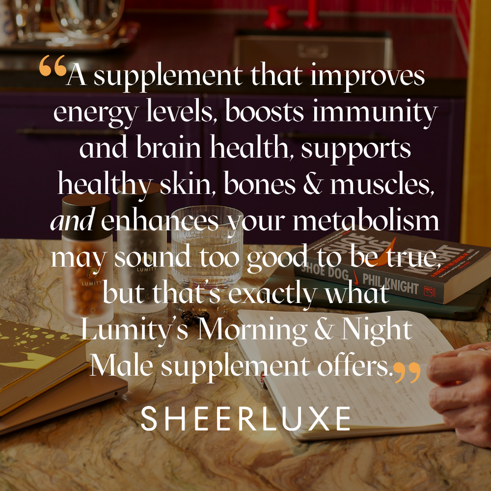 Quote from Sheerluxe praising Morning & Night Male supplements for energy, immunity, skin, bone, muscle, and metabolism support.