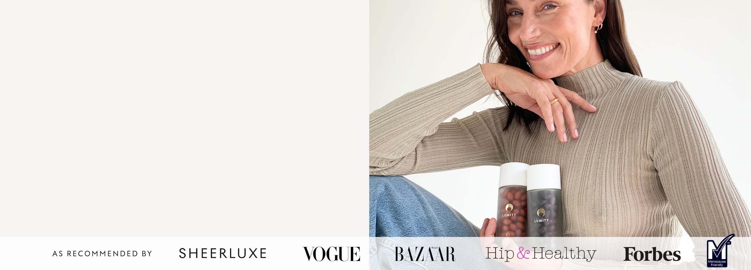 Woman in a beige sweater with a white background, featuring logos of recommended publications. including sheerluxe, vogue, baxaar, hip & healthy and forbes.