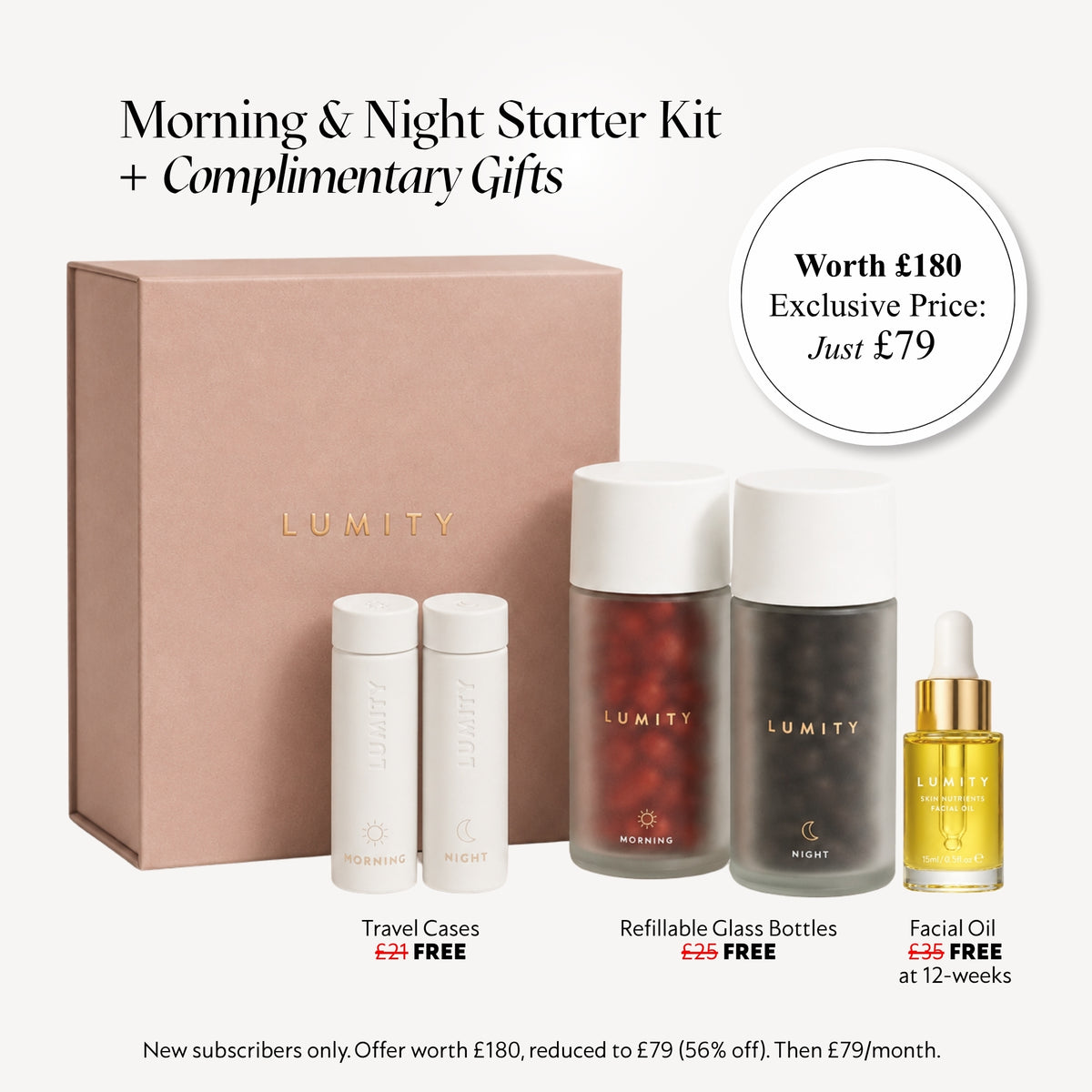 Lumity Female Starter kit with promotional offer - total value £180, price you pay £79. Image includes Starter kit box, refillable glass bottles (morning and night), Travel cases and 15ml Facial Oil