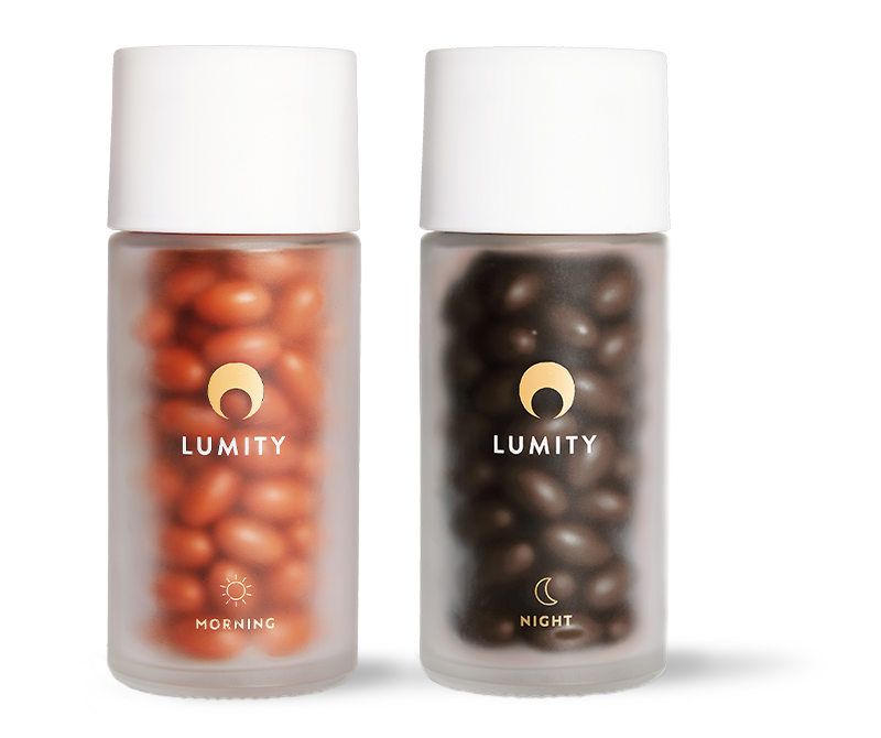 Lumity morning and night supplement glass jar