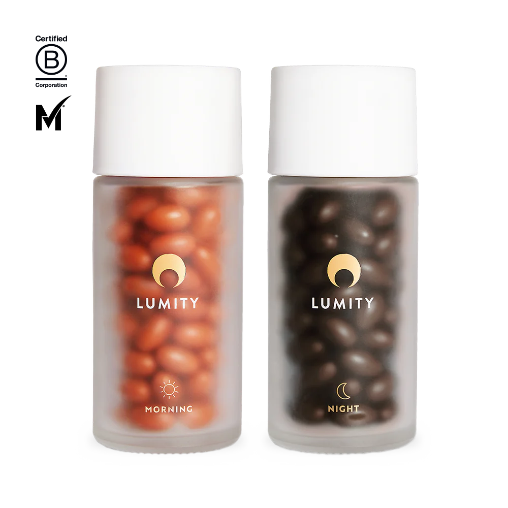 Morning & Night supplement filled bottles with GenM tick and B Corp logo.