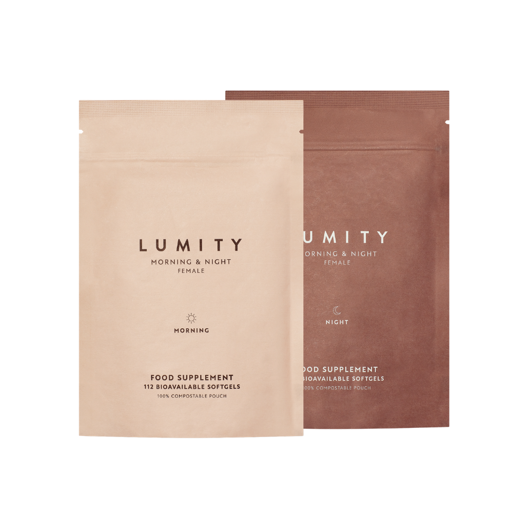 Matte biodegradable refill pouches for female morning and night wellness softgels supporting daily health and vitality.