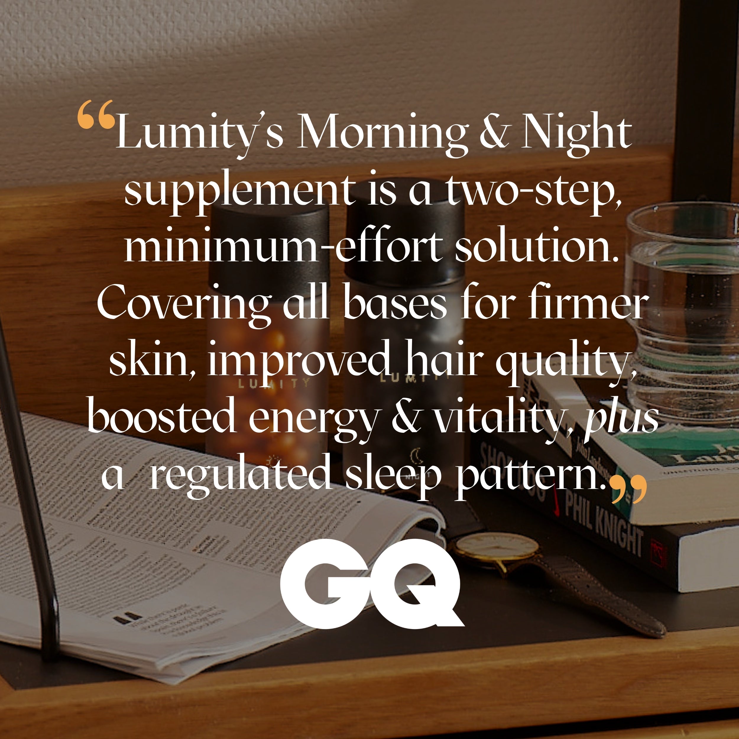 Supplement containers on a table with a magazine and text overlay review of Lumity's Morning & Night supplement.