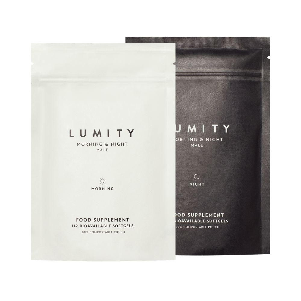 Matte white and black pouches containing morning and night male supplements for daily wellbeing and vitality support.