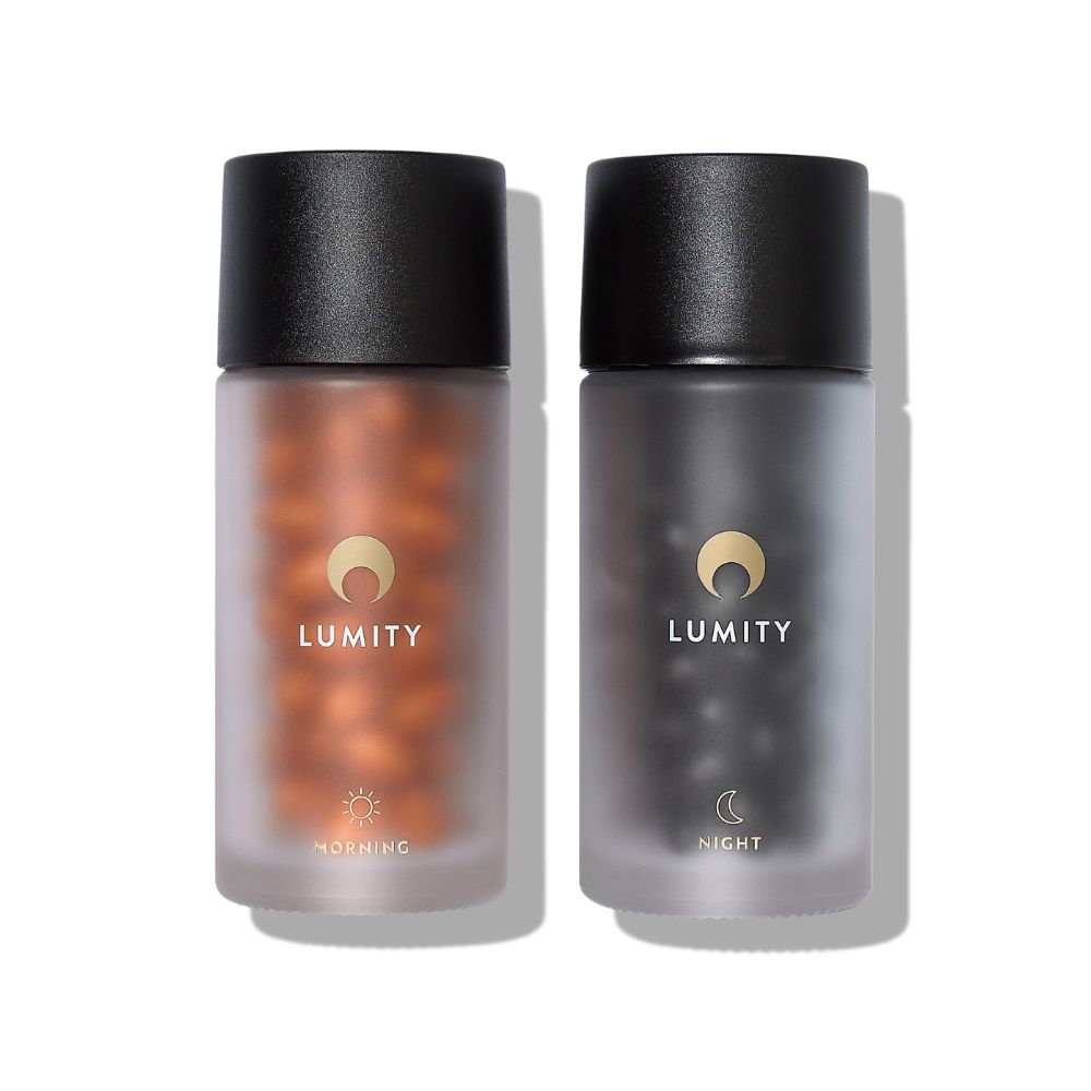Two Lumity supplement bottles, one labeled 'Morning' and the other 'Night', on a white background.