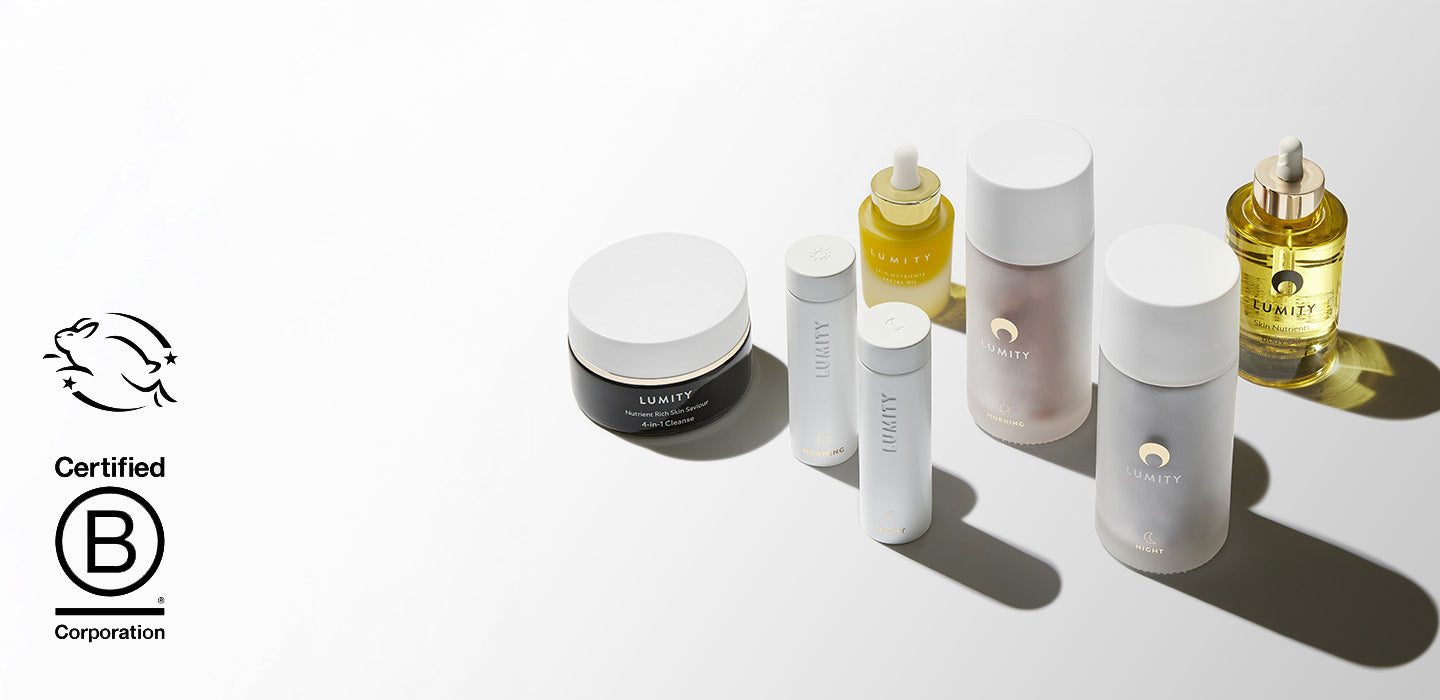 A Shot feature all of Lumitys Product Including (From left) 4-in-1 Cleanse, Travel Kit, Lumity Skin Nutrients Facial Oil, Lumity Morning & Night and Lumity Skin Nutrients Body Oil