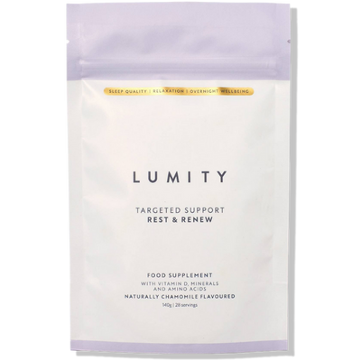 Matte lavender resealable pouch labeled Lumity Rest & Renew with chamomile flavor and wellness support details.