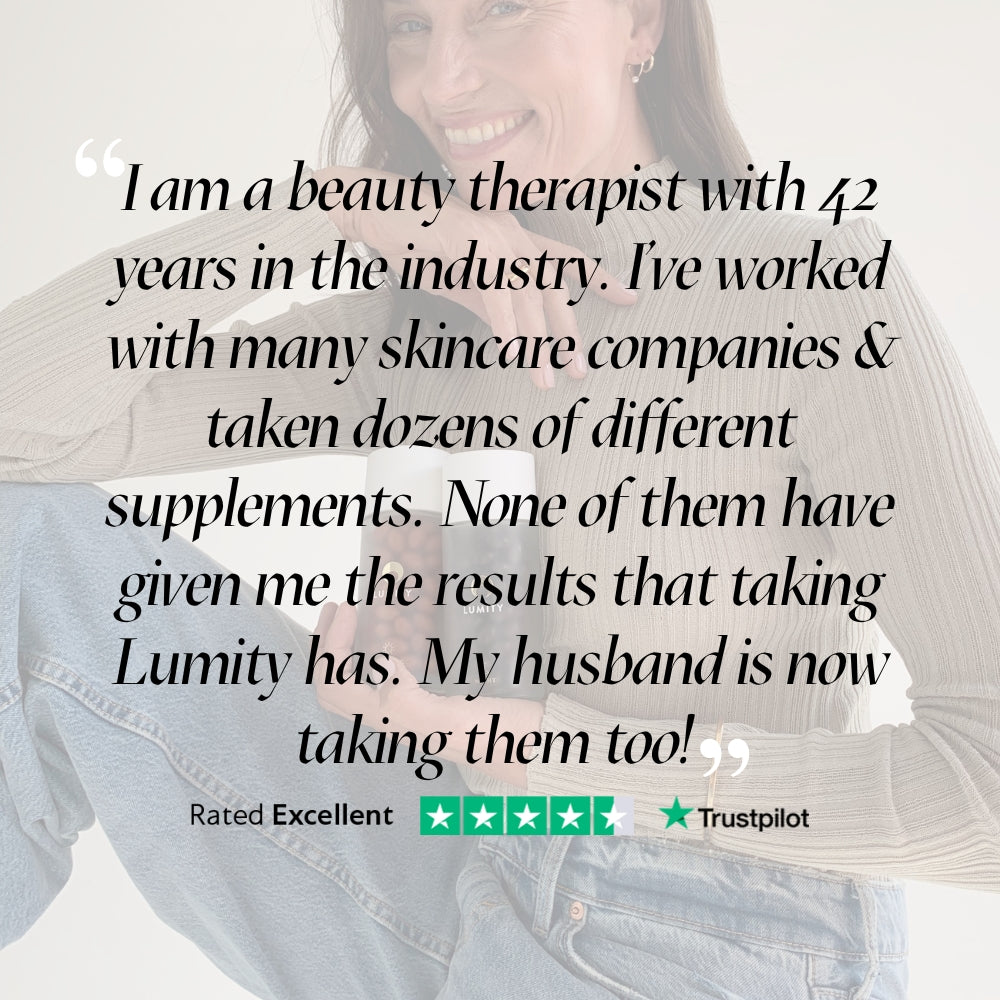 Smiling woman sharing a testimonial about Lumity supplements and their positive effects on her and her husband.