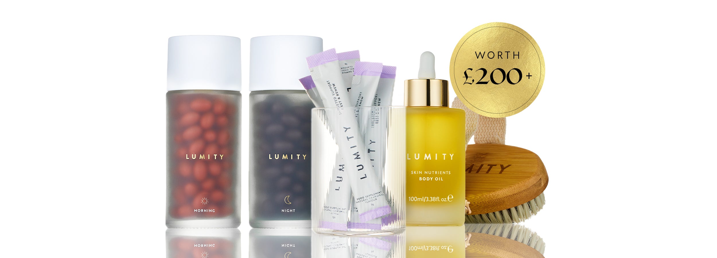 Morning & Night supplement, Targeted Support Rest & Renew sachets in glass, Skin Nutrients Body Oil, and Copper Body Brush