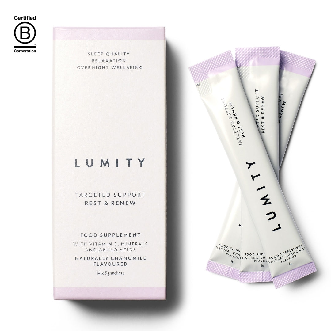 Lumity targeted support food supplement packaging with packets on a white background