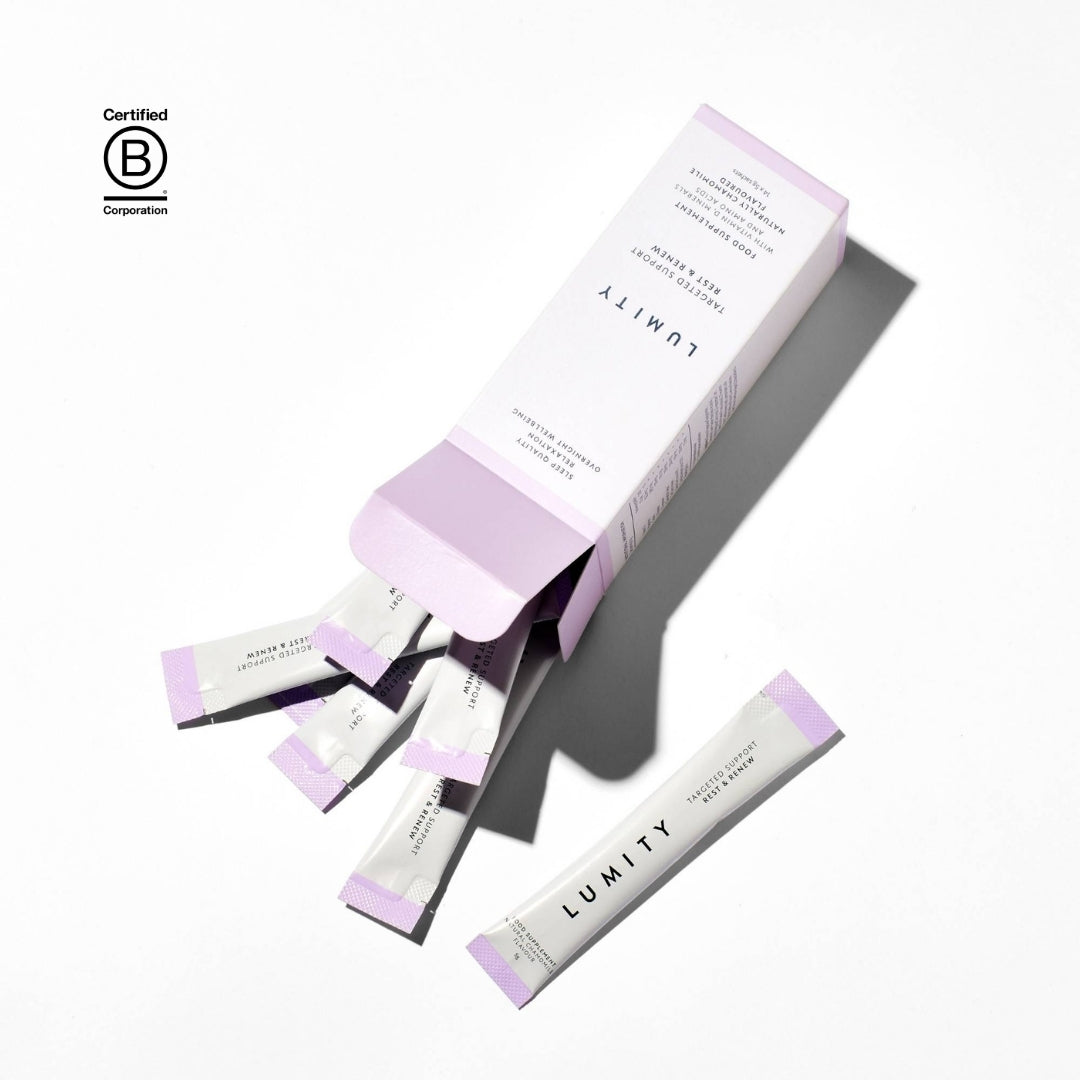 Lumity Targeted Support Rest & Renew sachets falling out of box on white background with B Corp logo in the corner