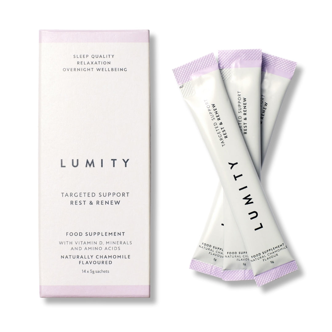 Lumity targeted support food supplement packets on a white background