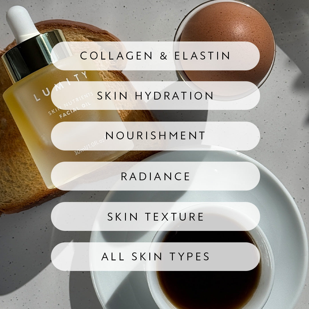 Skincare product with text highlighting benefits on a neutral background
