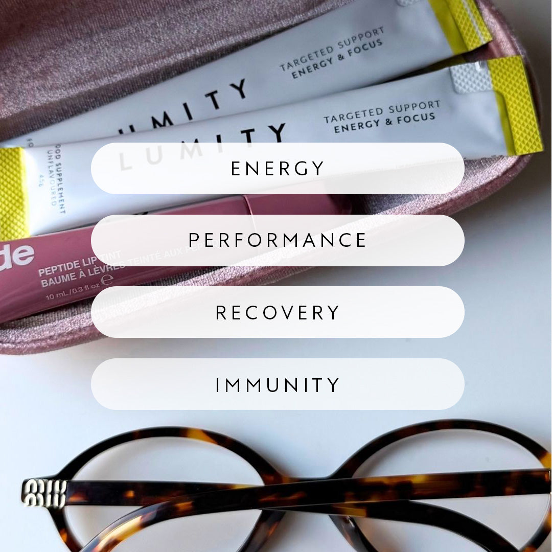 Lumity energy, performance, recovery, and immunity product packaging with a pair of glasses.