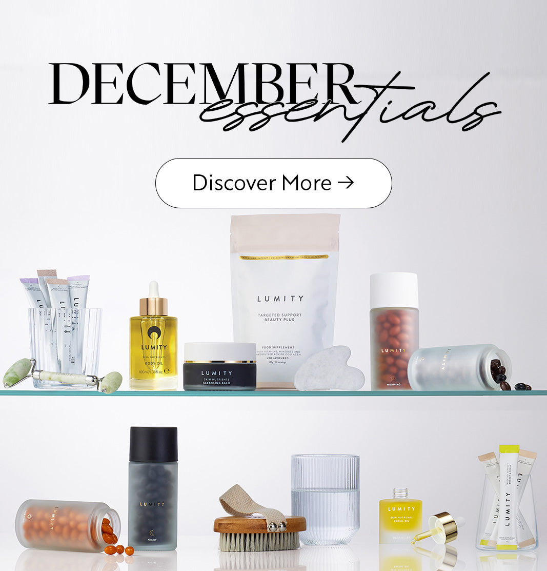 Lumity products on a shelf with 'December essentials' text and 'Discover More' button.
