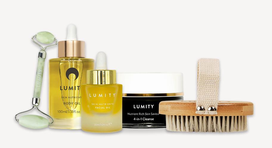 group shot of Jade Roller, Facial Oil, Body Oil, Cleanse and Body Brush