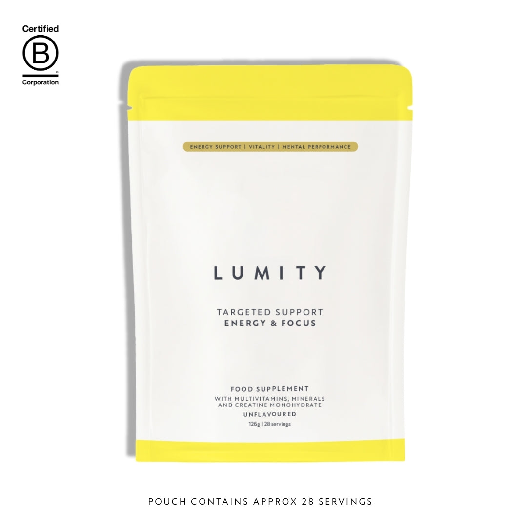 Lumity Energy&Focus pouch on white background with BCorp logo