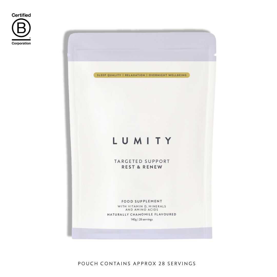 Lumity Rest&Renew pouch on white background with BCorp logo