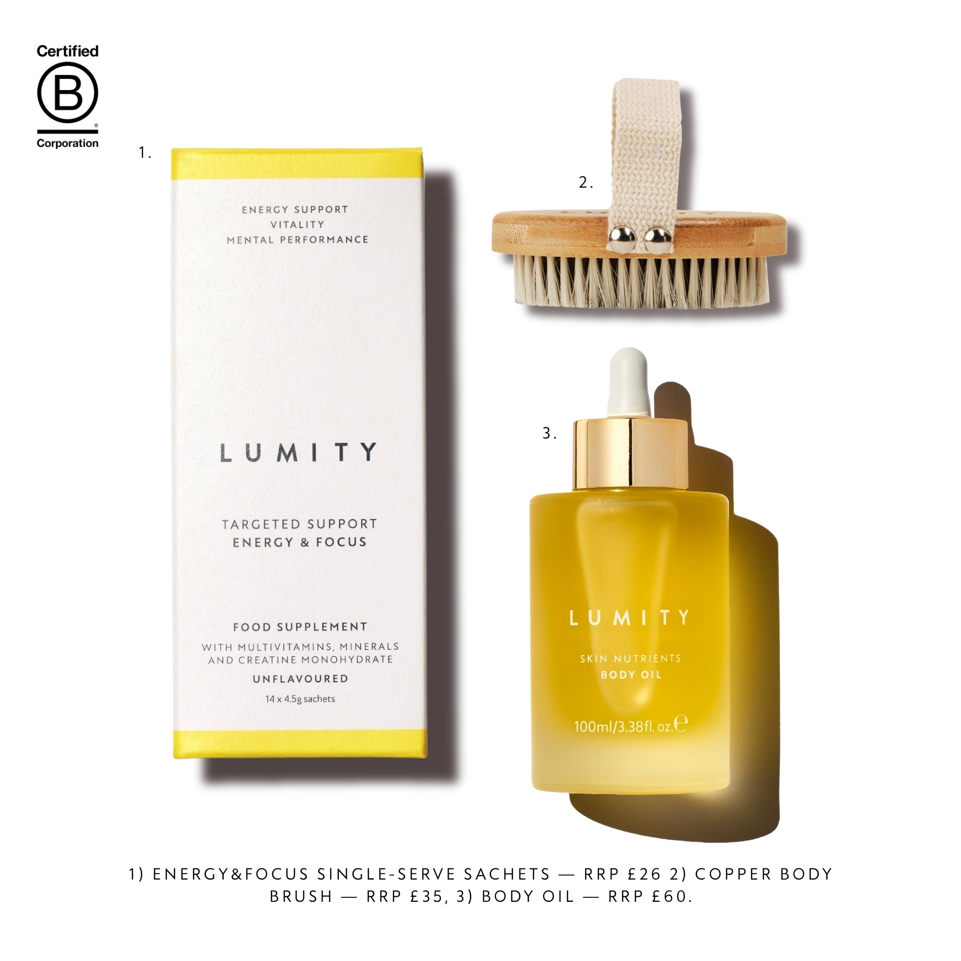 Lumity product line including energy focus single-serve sachets, copper body brush, and body oil on a white background.