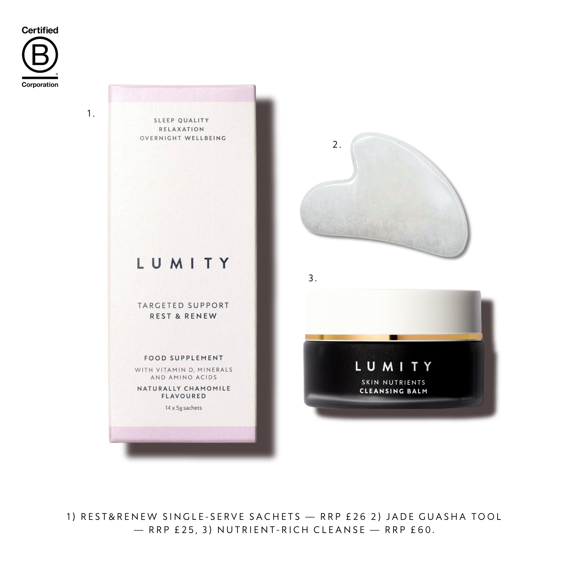 Lumity skincare products including supplements, jade guasha tool, and cleanse jar on a white background.