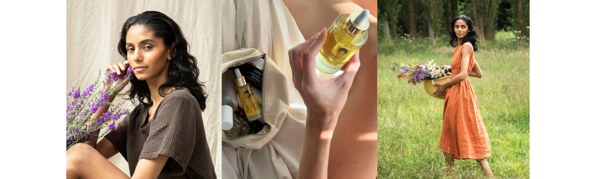 Images show woman in Beaumont Organic clothing with flowers, woman taking Skin Nutrients products out of cosmetics bag