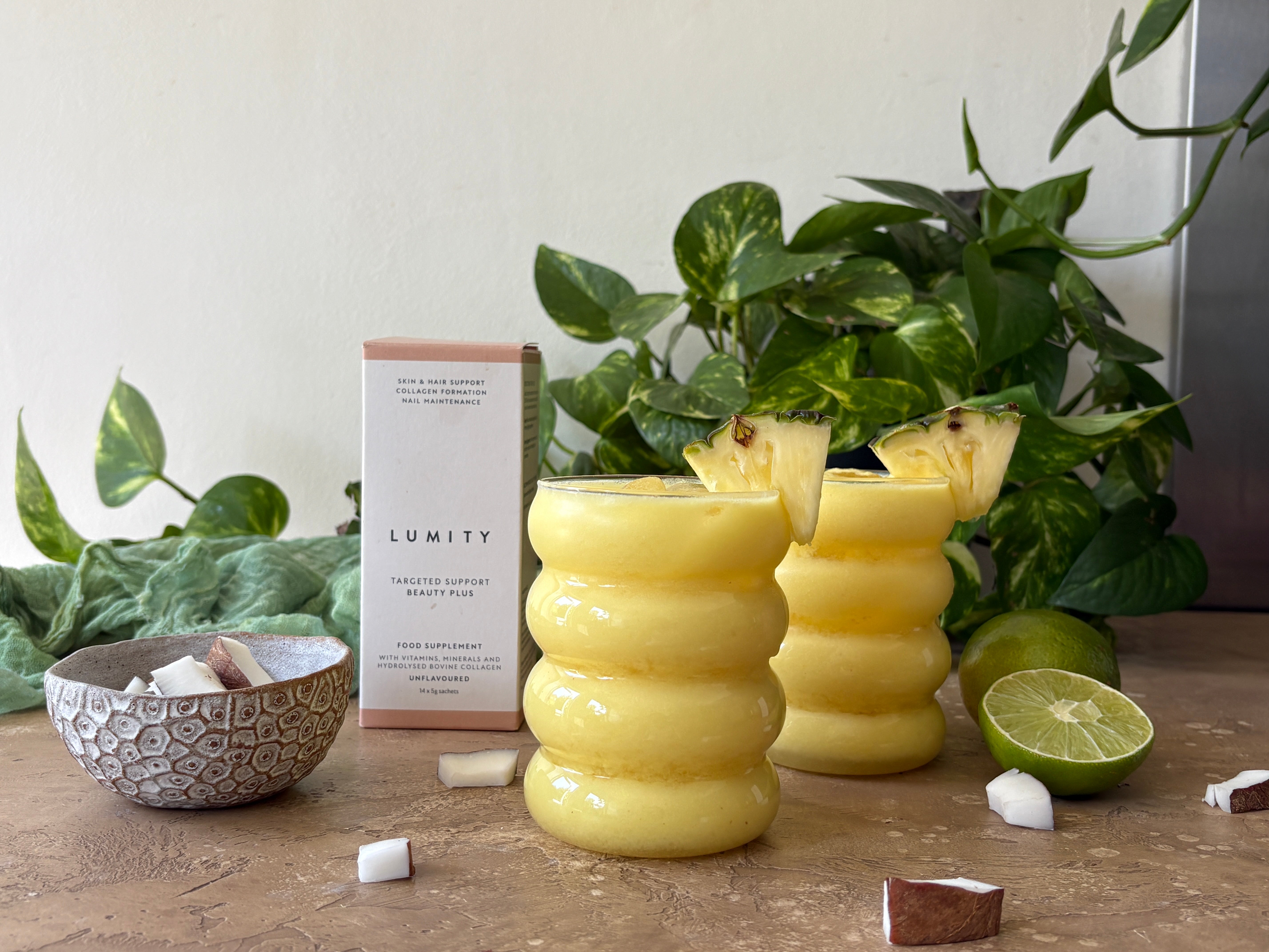 Beauty plus supplement and two collagen colada smoothies