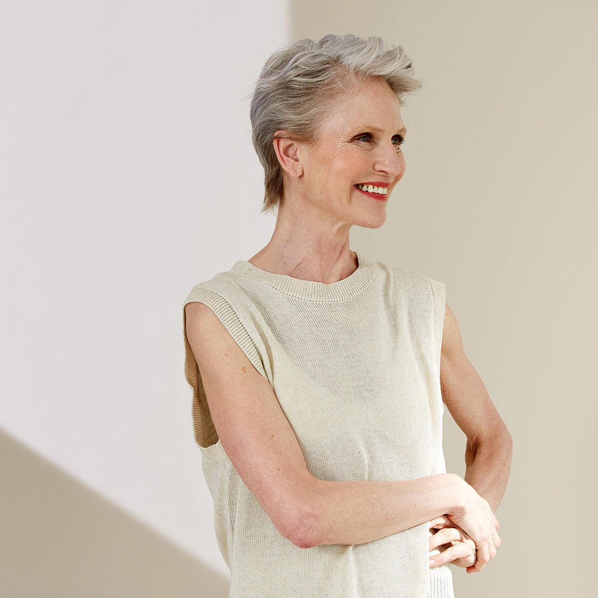 Older model with short grey hair
