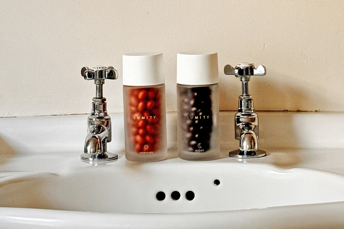 Morning & Night supplements on sink