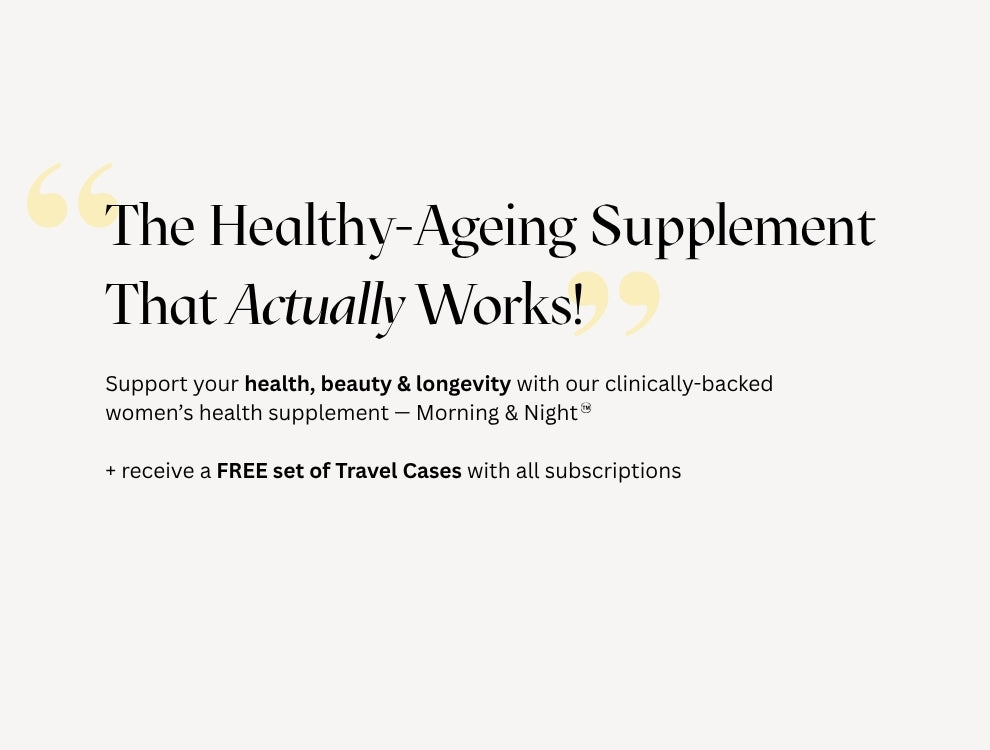 A promotional text graphic on a light gray background with black serif text reading 'The Healthy-Ageing Supplement That Actually Works!' and smaller supporting copy about a women's health supplement and free travel cases.