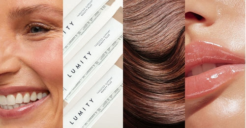 Close-up collage of smiling woman’s face, Lumity supplement sachets, glossy brown hair strands, and shiny lips with natural light